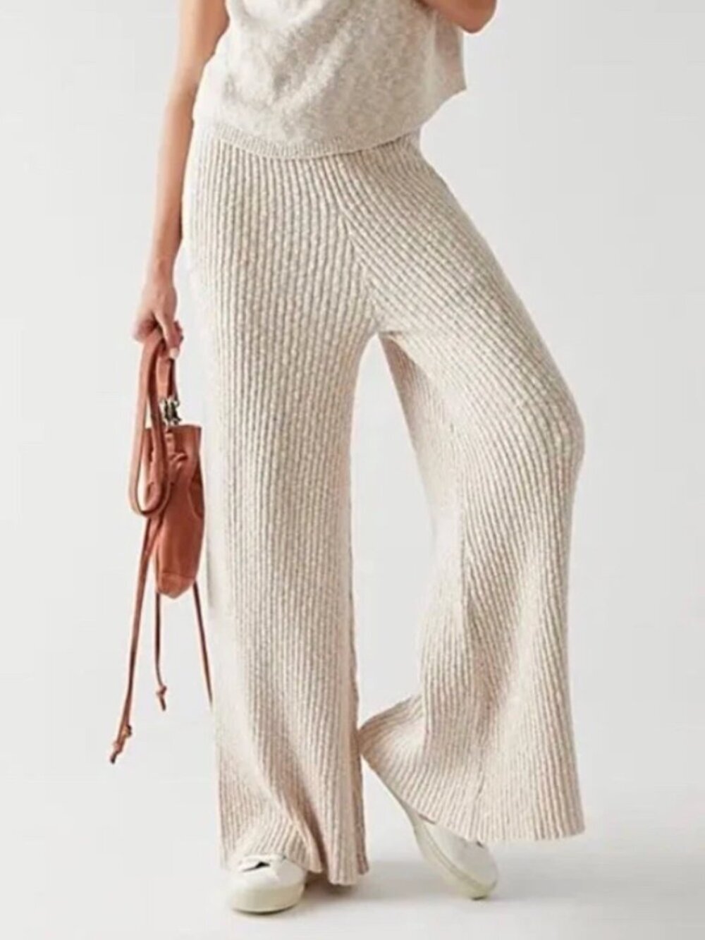 Free People FP BEACH Adelaide Ribbed Knit Wide Leg Cream Lounge Pants Pockets, M